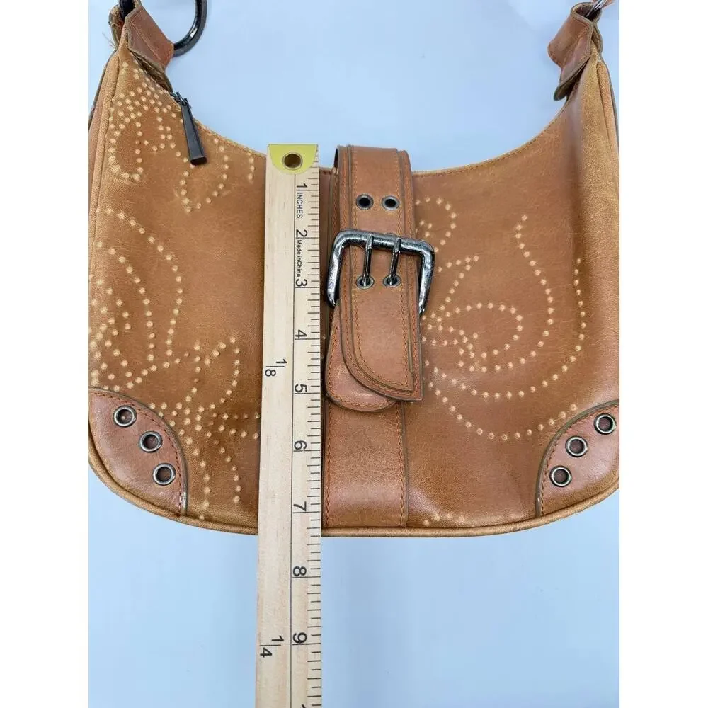 Kaela Brown Faux Leather Hobo Shoulder Bag Western Buckle Studded Swirl Purse